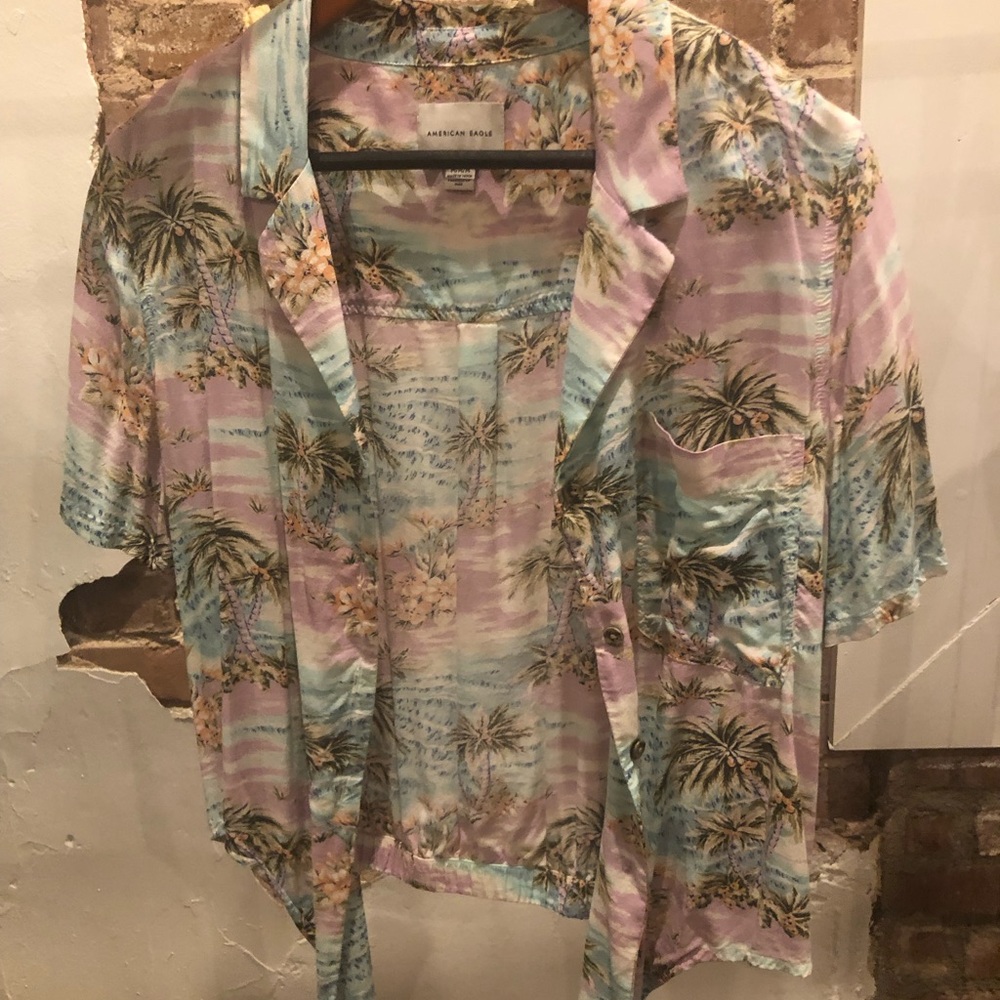 American Eagle Button Up Cropped Purple Sunset Hawaiian Top